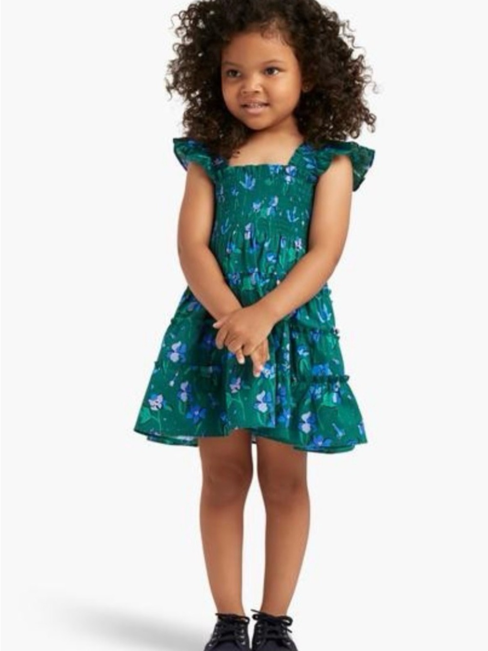 Hill House Green Floral Smocked Sundress with Flutter Sleeves